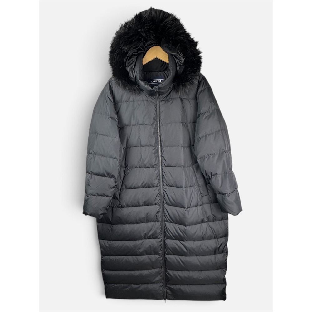 Lands' End 2X Black Down Maxi Coat Full Length Faux Fur Hood Winter Puffer